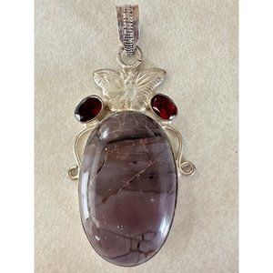 Artisan 925 sterling silver purple semiprecious red glass gemstone jumbo pendant